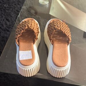 Maeve Brown Braided Platform Slide Sandals with White Soles